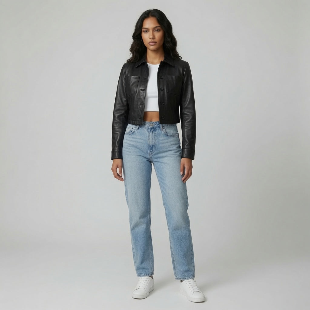 Damen-Truckerjacke aus echtem Leder in Schwarz, verkürzt | Moderne Lederjacke mit Knopfleiste