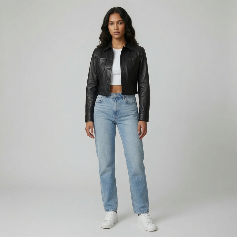 Damen-Truckerjacke aus echtem Leder in Schwarz, verkürzt | Moderne Lederjacke mit Knopfleiste