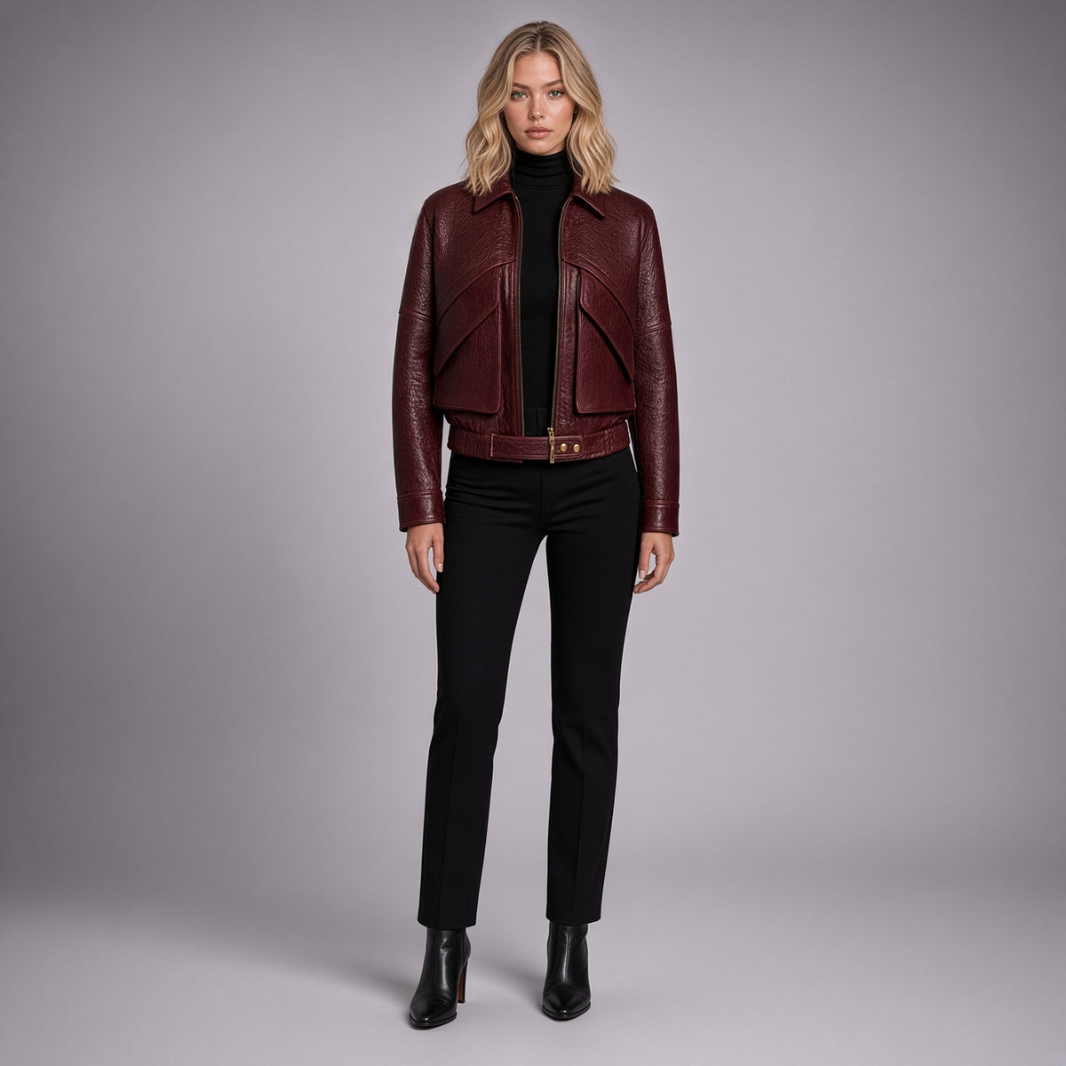 Women’s Maroon Genuine Leather Jacket | Cropped Biker Jacket with Front Pockets & Belted Waist