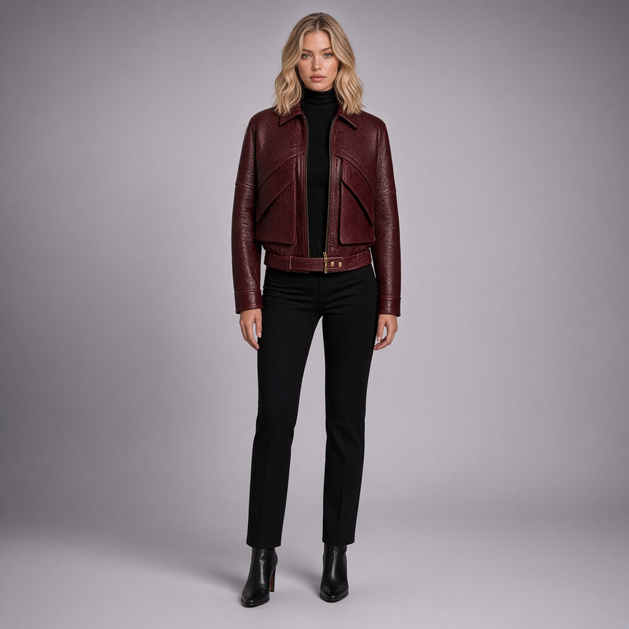 Women’s Maroon Genuine Leather Jacket | Cropped Biker Jacket with Front Pockets & Belted Waist