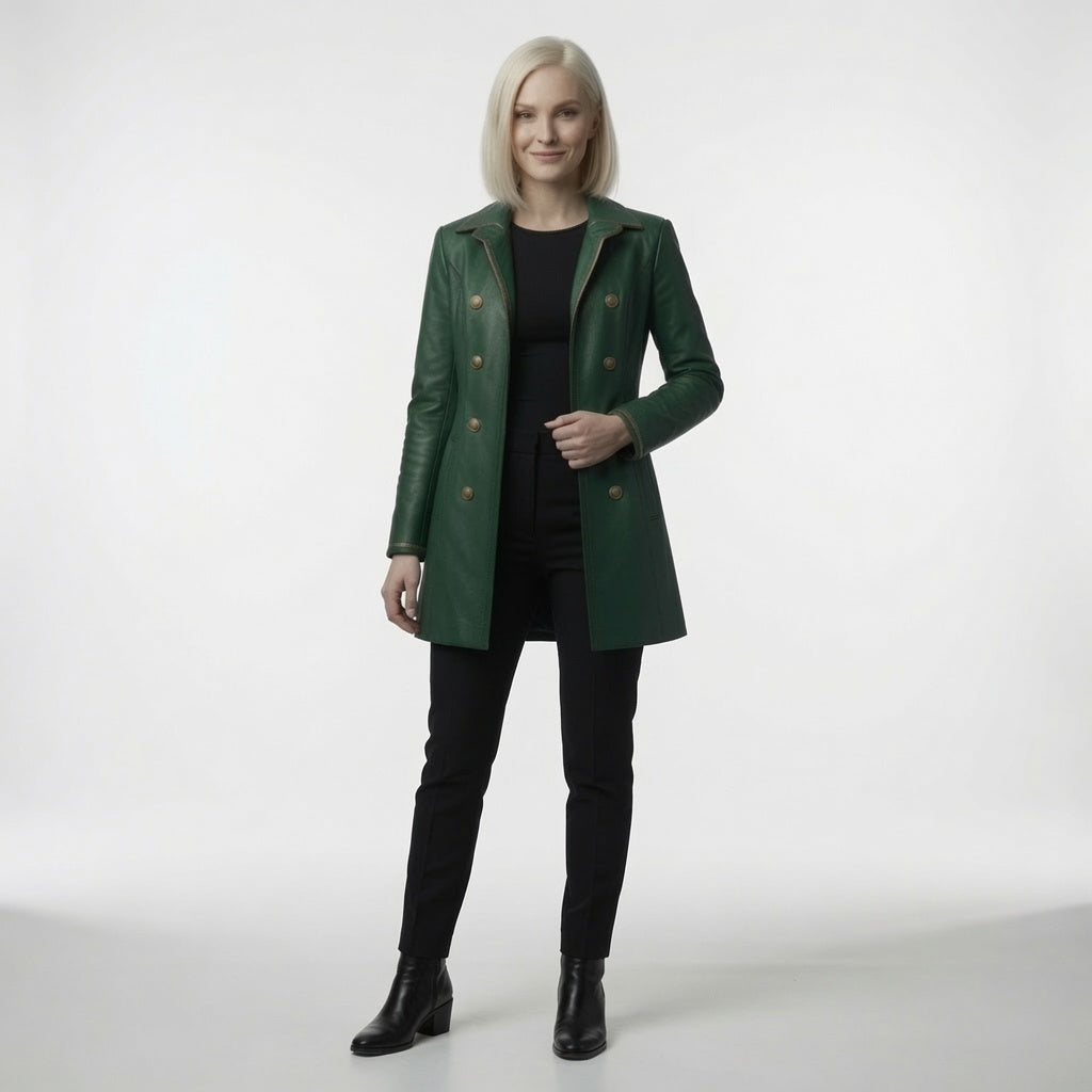 Women's Emerald Green Leather Long Coat – Double Breasted Military Style Trench Jacket