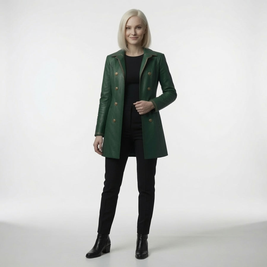 Women's Emerald Green Leather Long Coat – Double Breasted Military Style Trench Jacket