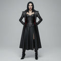 Women's Black Gothic Genuine Leather Long Coat & Corset Set | Vampire Fantasy Costume