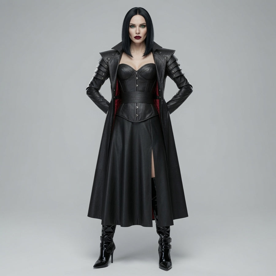 Damen Schwarzer Gothic Echtleder Langmantel & Korsett Set | Vampir Fantasy Kostüm