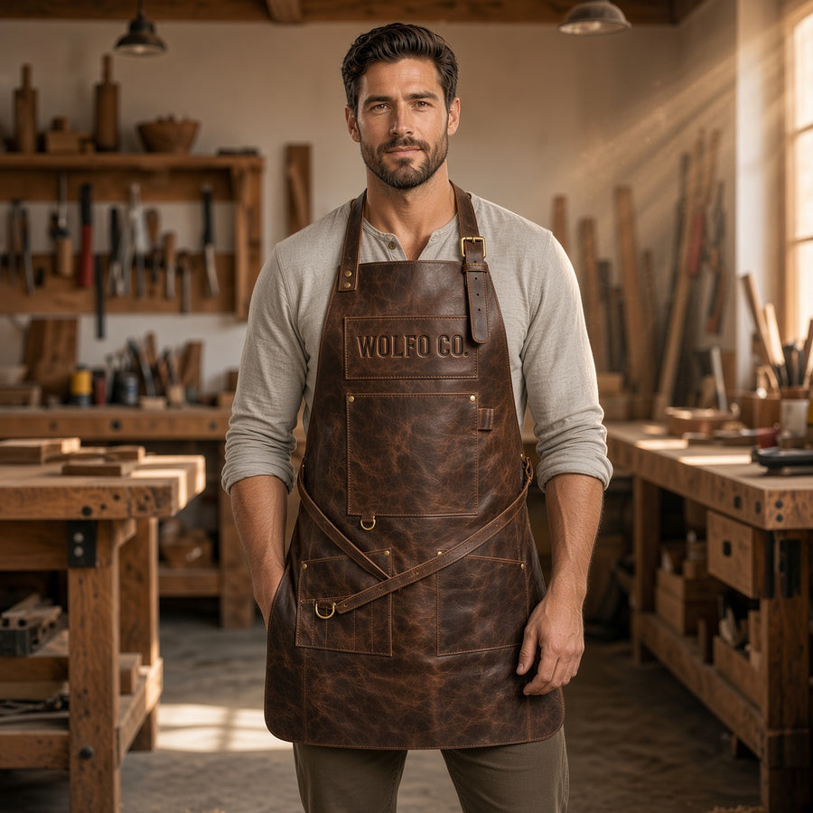 Men’s Genuine Leather Workshop Apron – Heavy Duty Handmade Craft & Tool Apron