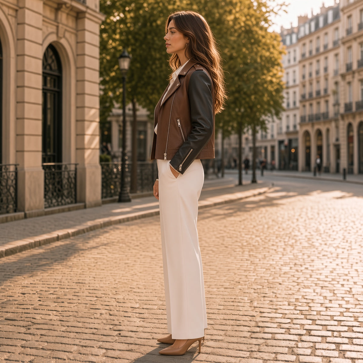 Women's Black Brown Leather Jacket & Bag Set | Wolfo Co