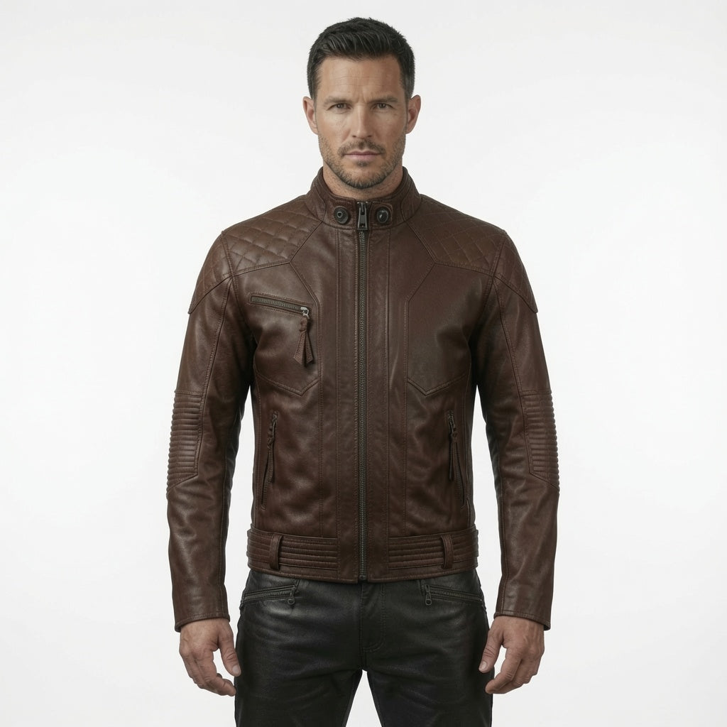 Men's Brown Quilted Leather Biker Jacket – Classic Motorcycle Café Racer Jacket