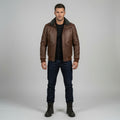 Men's Brown Genuine Leather Bomber Jacket with Sherpa Collar | Winter Aviator Flight Jacket