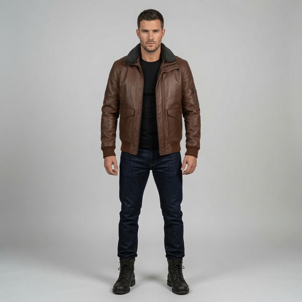 Herren Bomberjacke aus echtem braunem Leder mit Sherpa-Kragen | Winter-Fliegerjacke