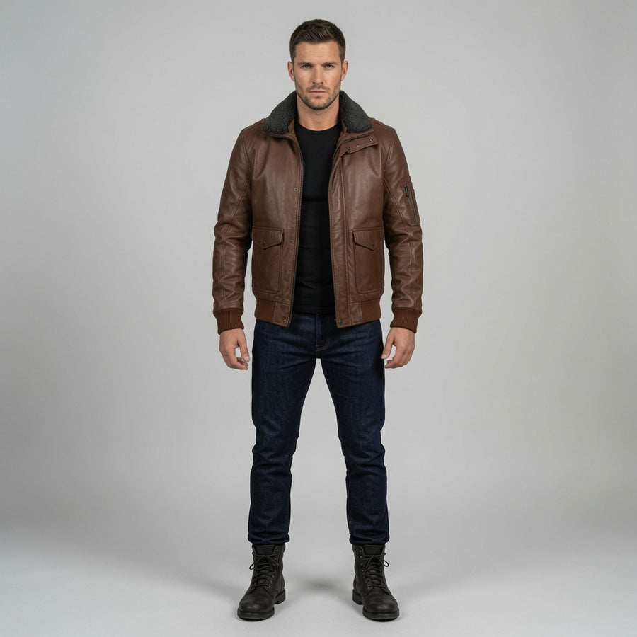 Herren Bomberjacke aus echtem braunem Leder mit Sherpa-Kragen | Winter-Fliegerjacke