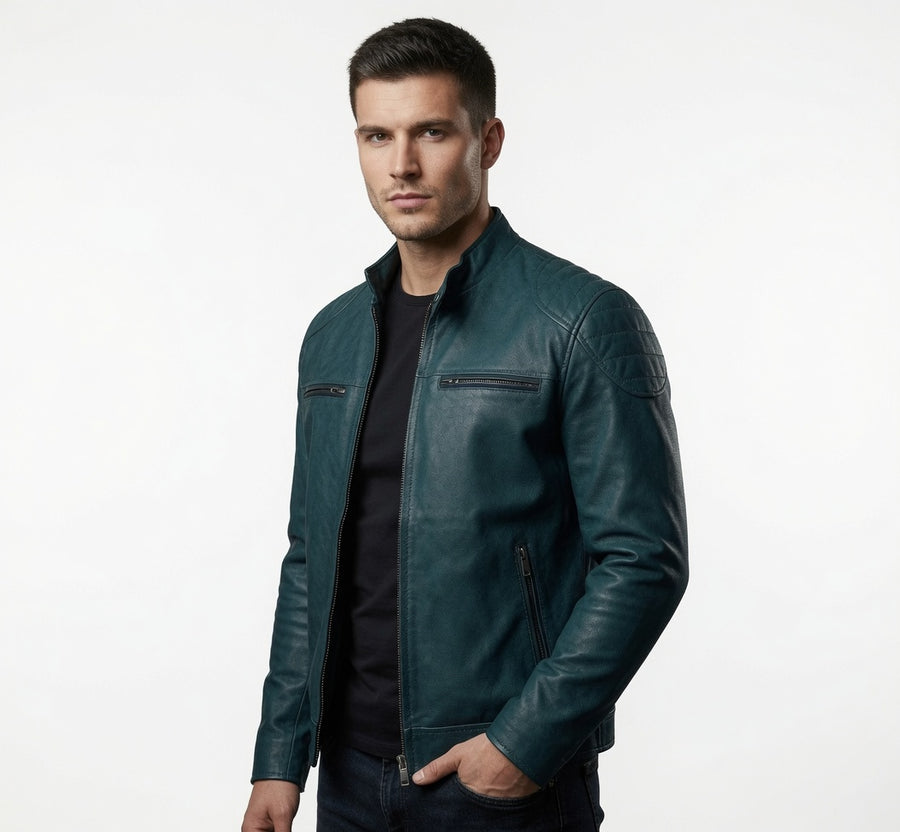 Men’s Teal Genuine Leather Cafe Racer Jacket – Slim Fit Biker Jacket