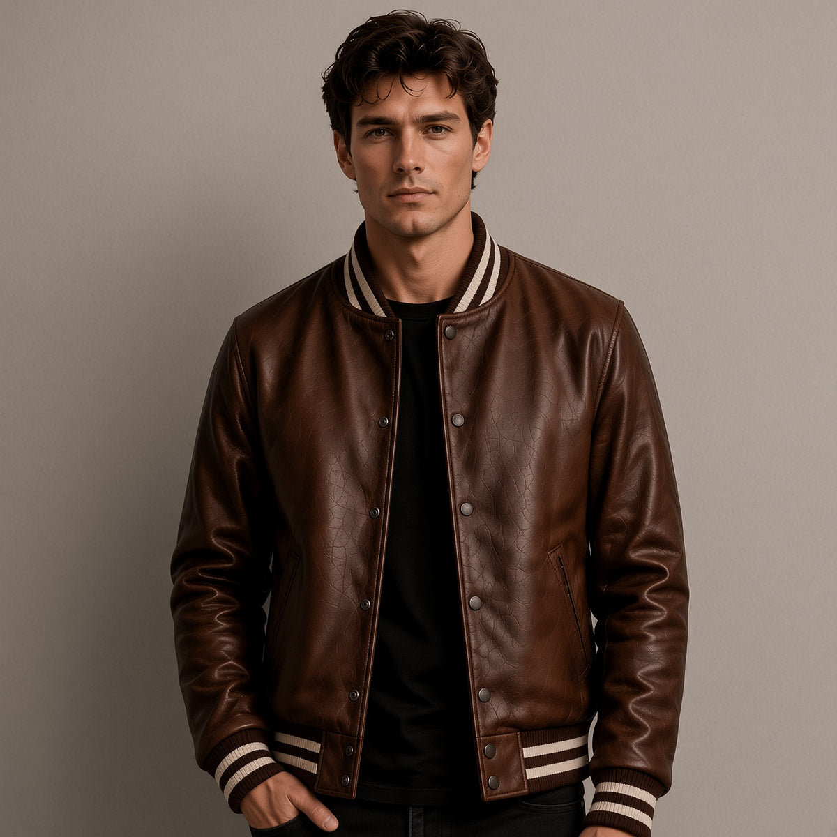 Men's Brown Leather Varsity Jacket – Classic Snap Button Bomber