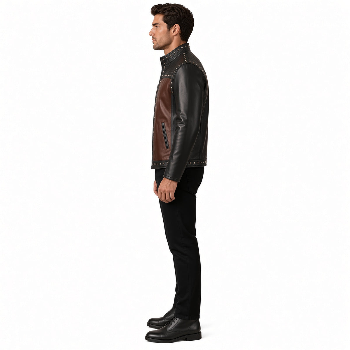 Men's Black & Brown Studded Leather Jacket – Vintage Biker Style