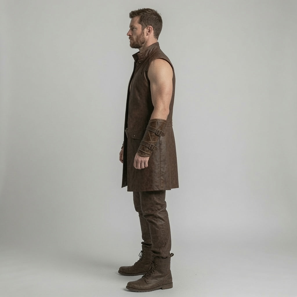Herren Mittelalterliche Lederweste in Braun – Fantasy Krieger Lange Weste und Hose für LARP & Cosplay