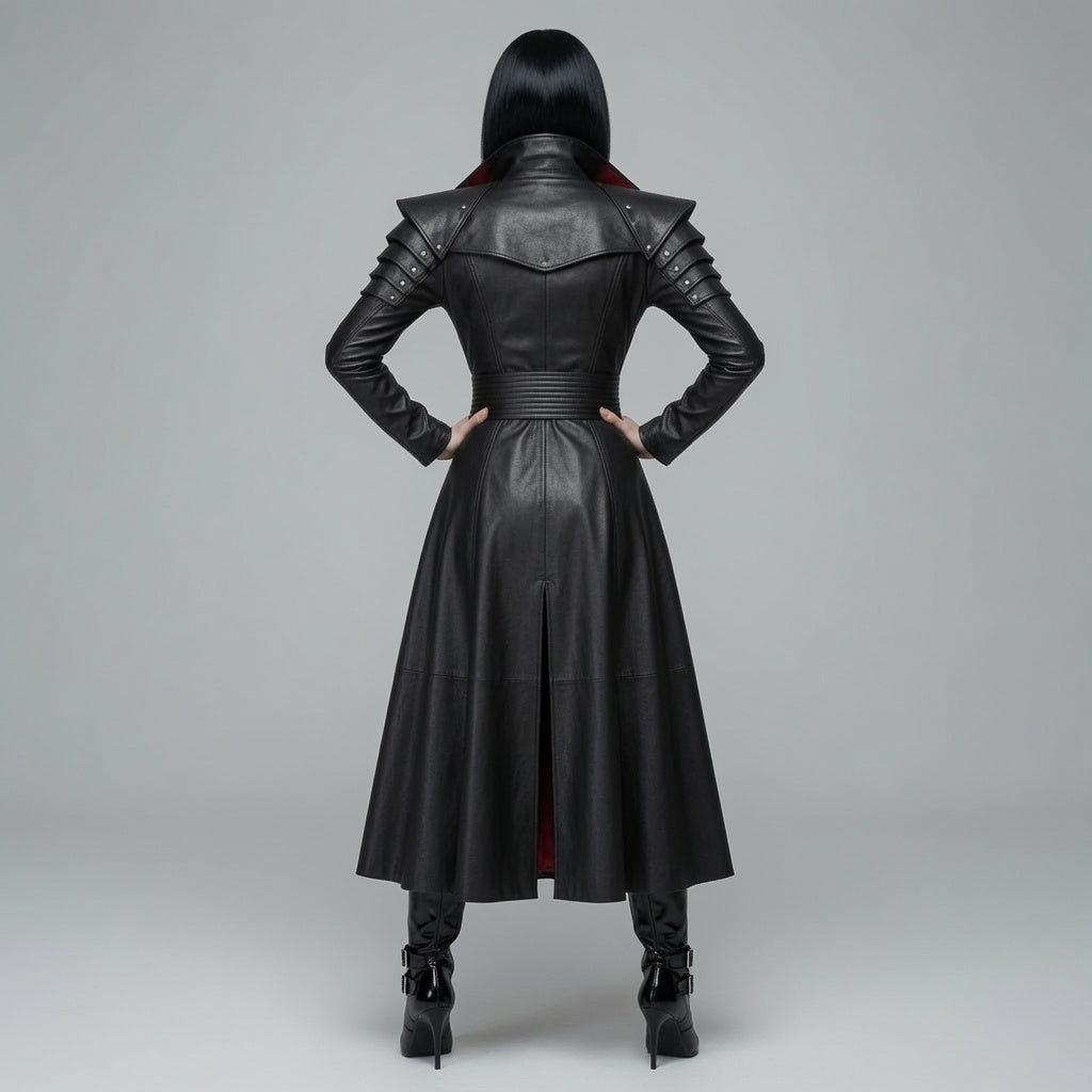 Damen Schwarzer Gothic Echtleder Langmantel & Korsett Set | Vampir Fantasy Kostüm