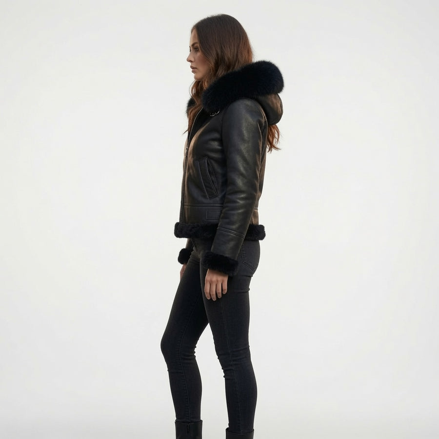 Women's Black Genuine Leather Hooded Shearling Jacket | Winter Fur-Lined Leather Jacket