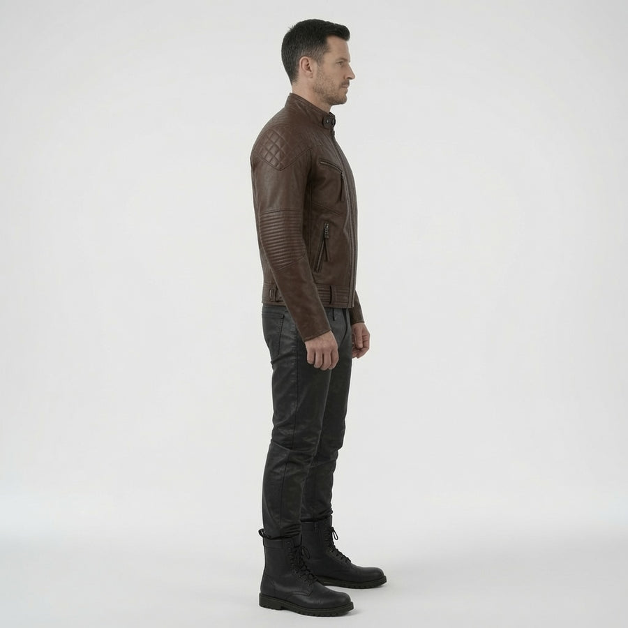 Men's Brown Quilted Leather Biker Jacket – Classic Motorcycle Café Racer Jacket