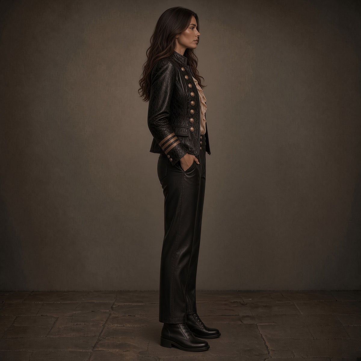 Women's Black Leather Jacket & Pants Set | Gold Button Leather Outfit