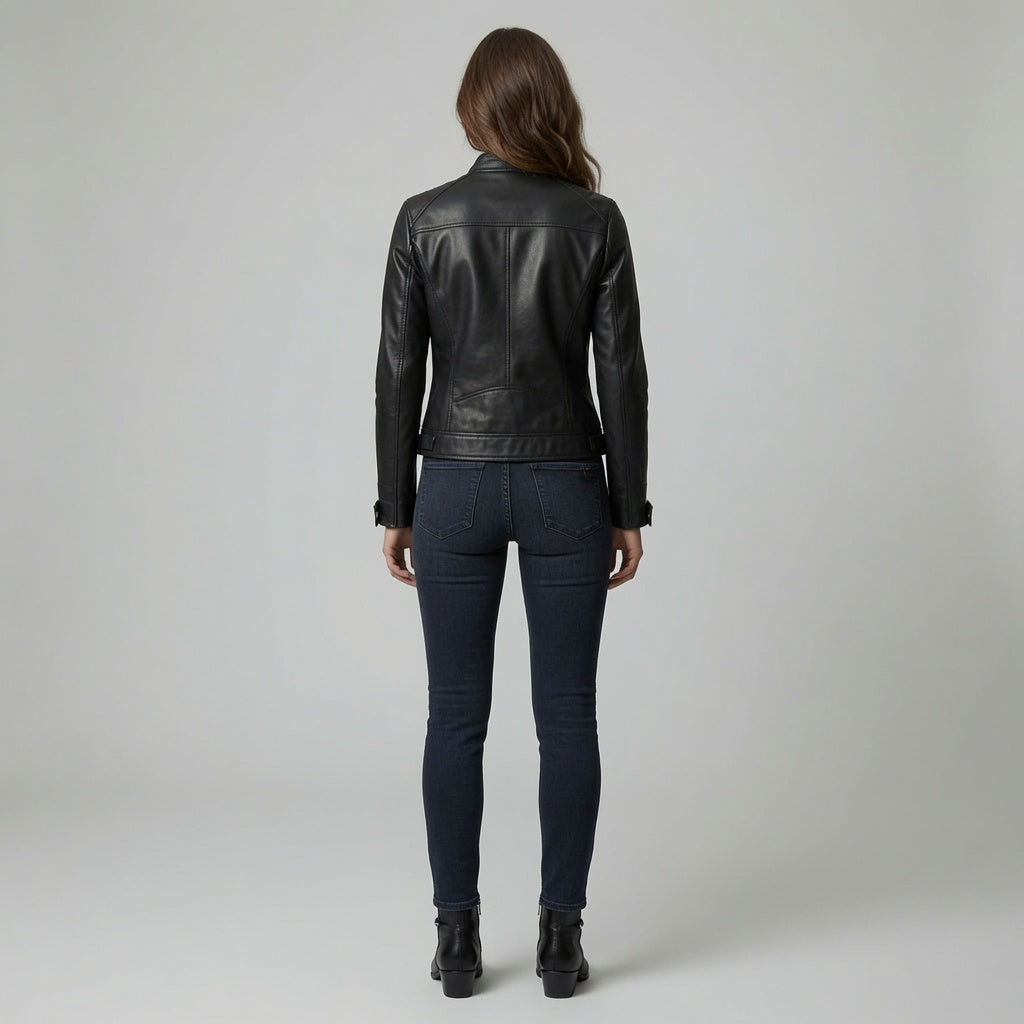 Damen schwarze Echtleder Cafe Racer Jacke | Slim Fit Motorrad Lederjacke