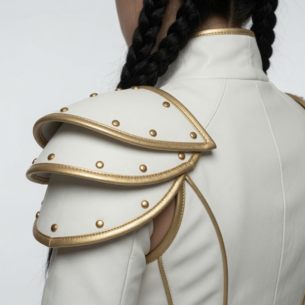 Damen Korsett aus weiß-goldenem Fantasy-Lederharnisch – Mittelalterliches Krieger-Cosplay-Kostüm