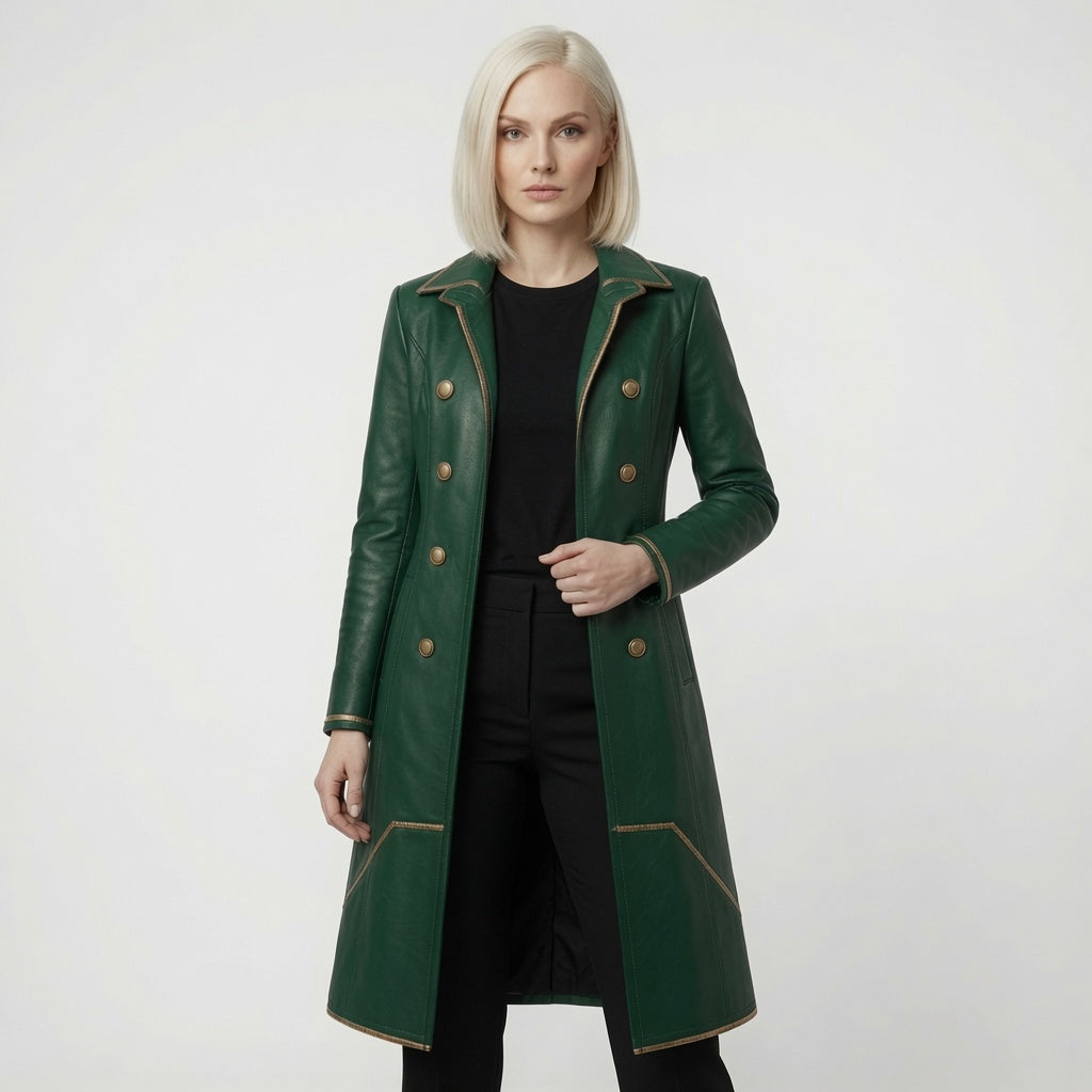 Women's Emerald Green Leather Long Coat – Double Breasted Military Style Trench Jacket