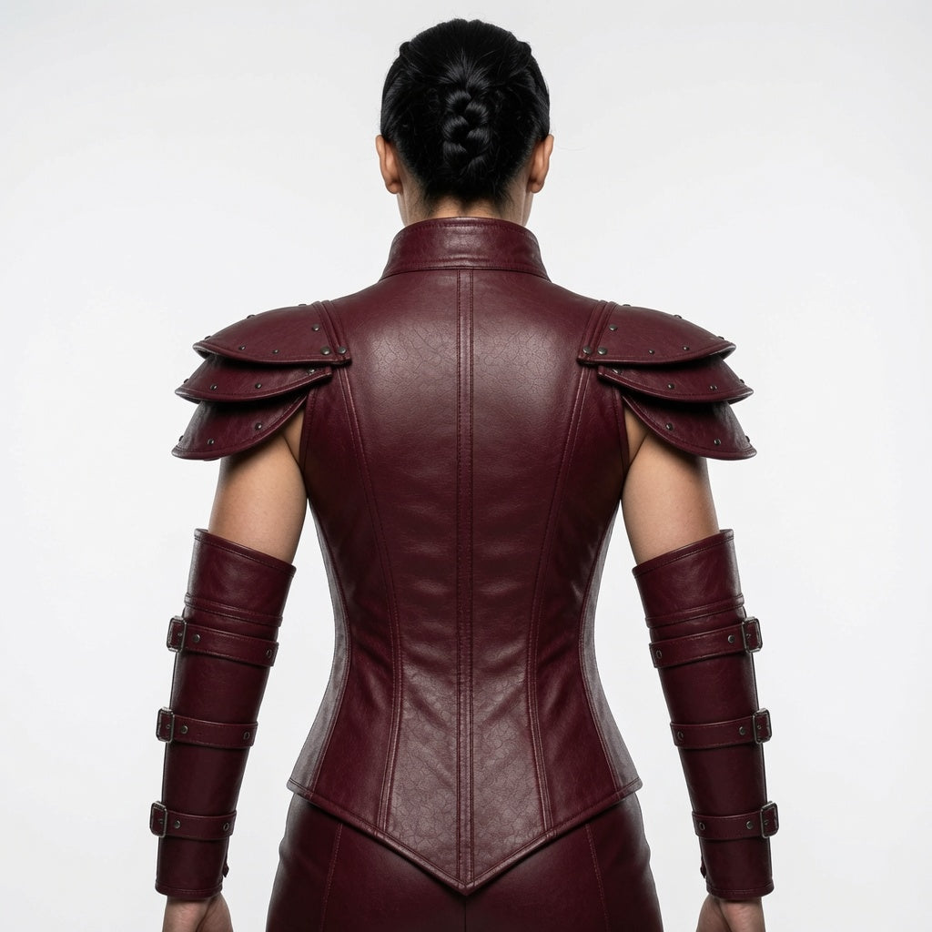 Damen Burgunderrot Fantasy Leder-Rüstungskorsett – Mittelalter Krieger Cosplay Kostüm