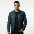 Men’s Teal Genuine Leather Cafe Racer Jacket – Slim Fit Biker Jacket
