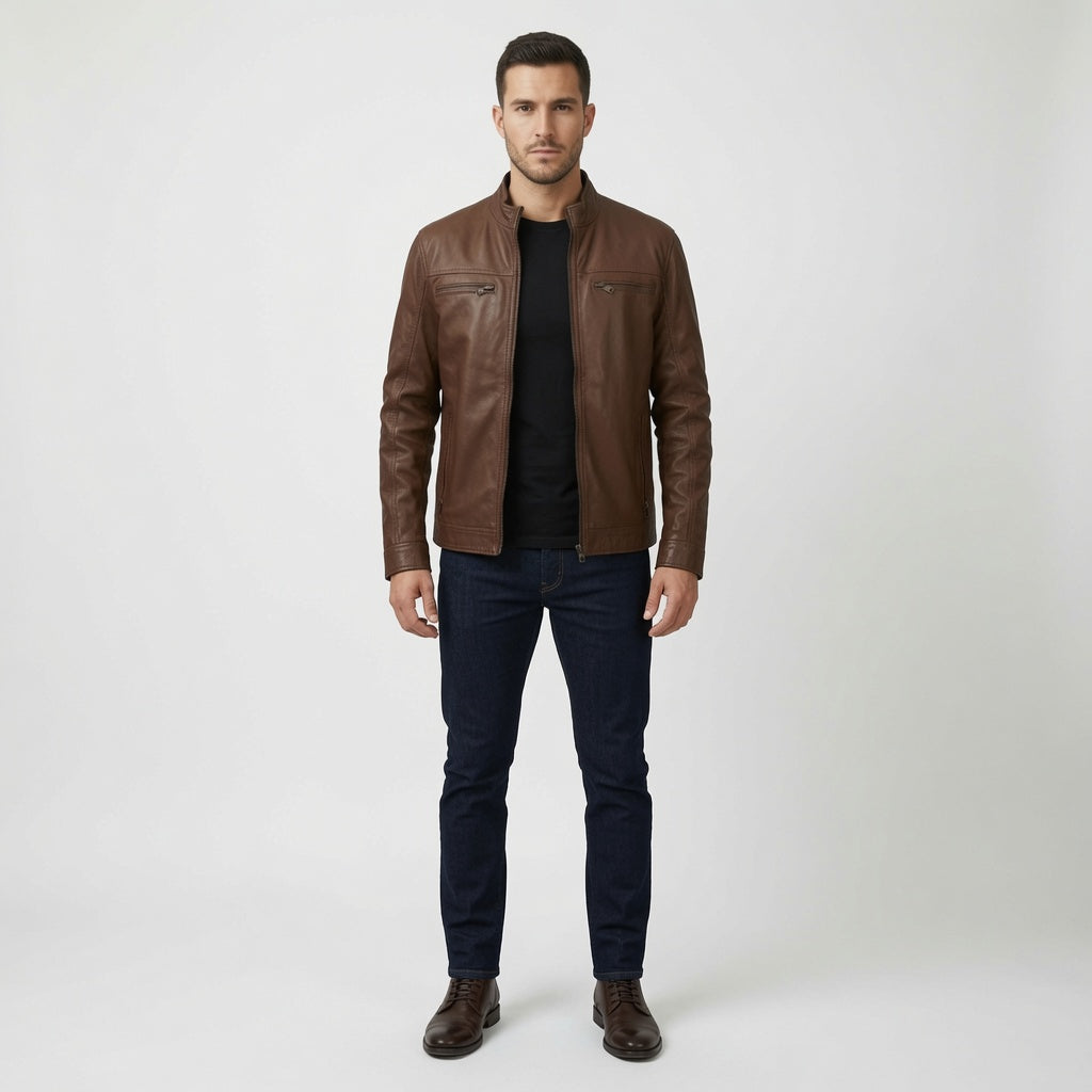 Herren Klassische braune Echtleder Cafe Racer Jacke | Minimalistische Motorrad Lederjacke