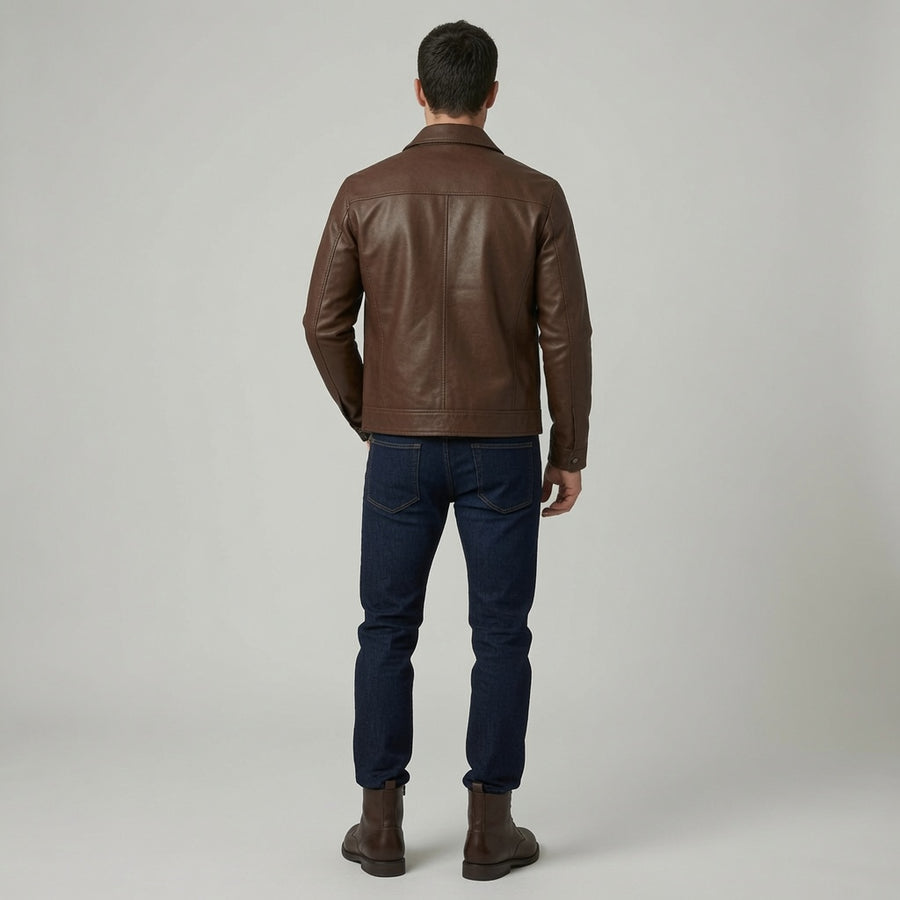Men's Classic Brown Leather Jacket – Zip-Up Casual Motorcycle Jacket