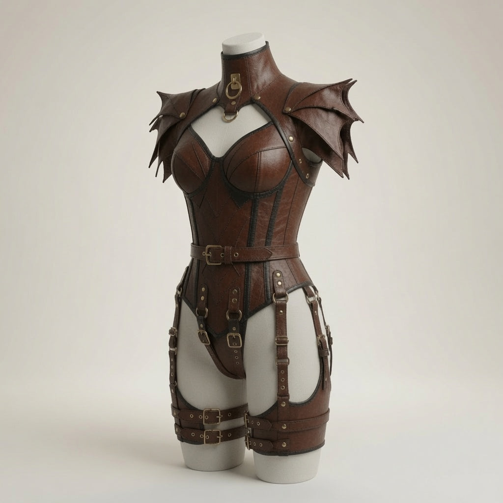 Damen Braunes Fantasy Leder Rüstungs-Bodysuit – Mittelalterlicher Krieger Cosplay Kostüm