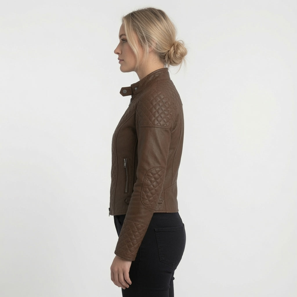 Damen braune Echtleder Motorradjacke – Steppschulter Slim-Fit Bikerjacke