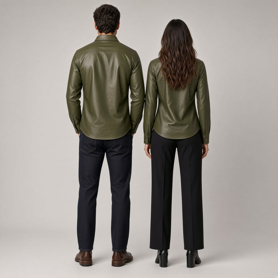 Olive Green Genuine Leather Shirt for Men & Women – Premium Button-Up Leather Shirt