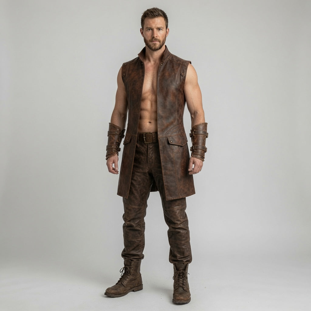 Herren Mittelalterliche Lederweste in Braun – Fantasy Krieger Lange Weste und Hose für LARP & Cosplay