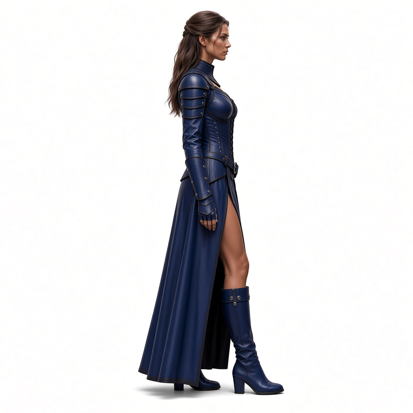 Women’s Blue queen  Leather Costume – Corset Dress, Cape, Arm Bracers & Boots
