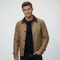Men's Tan Genuine Leather Trucker Jacket | Classic Button Front Casual Leather Coat