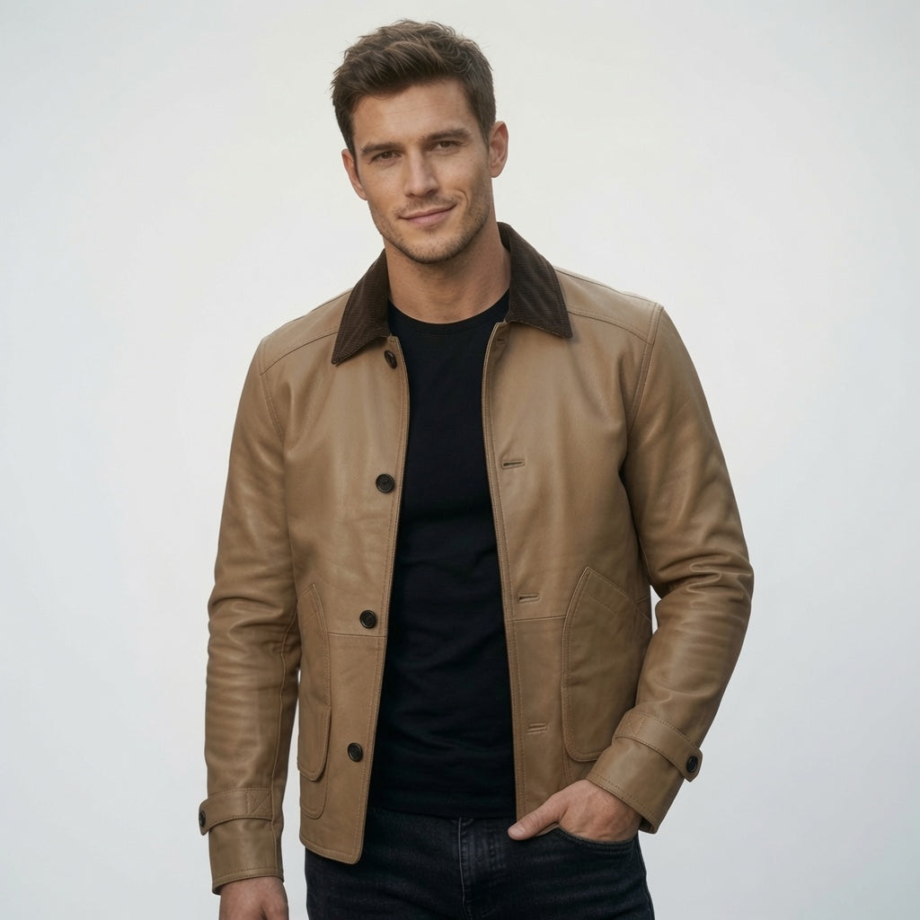 Herren Lederjacke aus echtem Leder in Hellbraun | Klassische Freizeit-Lederjacke mit Knopfleiste