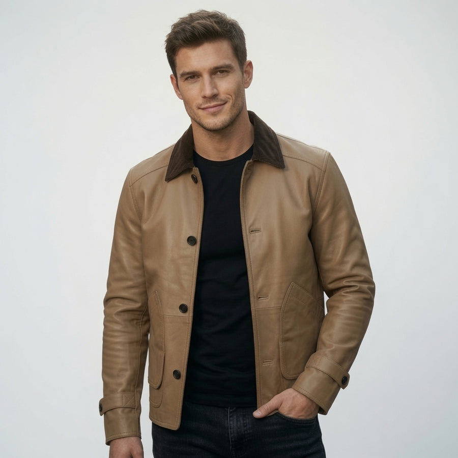 Herren Lederjacke aus echtem Leder in Hellbraun | Klassische Freizeit-Lederjacke mit Knopfleiste