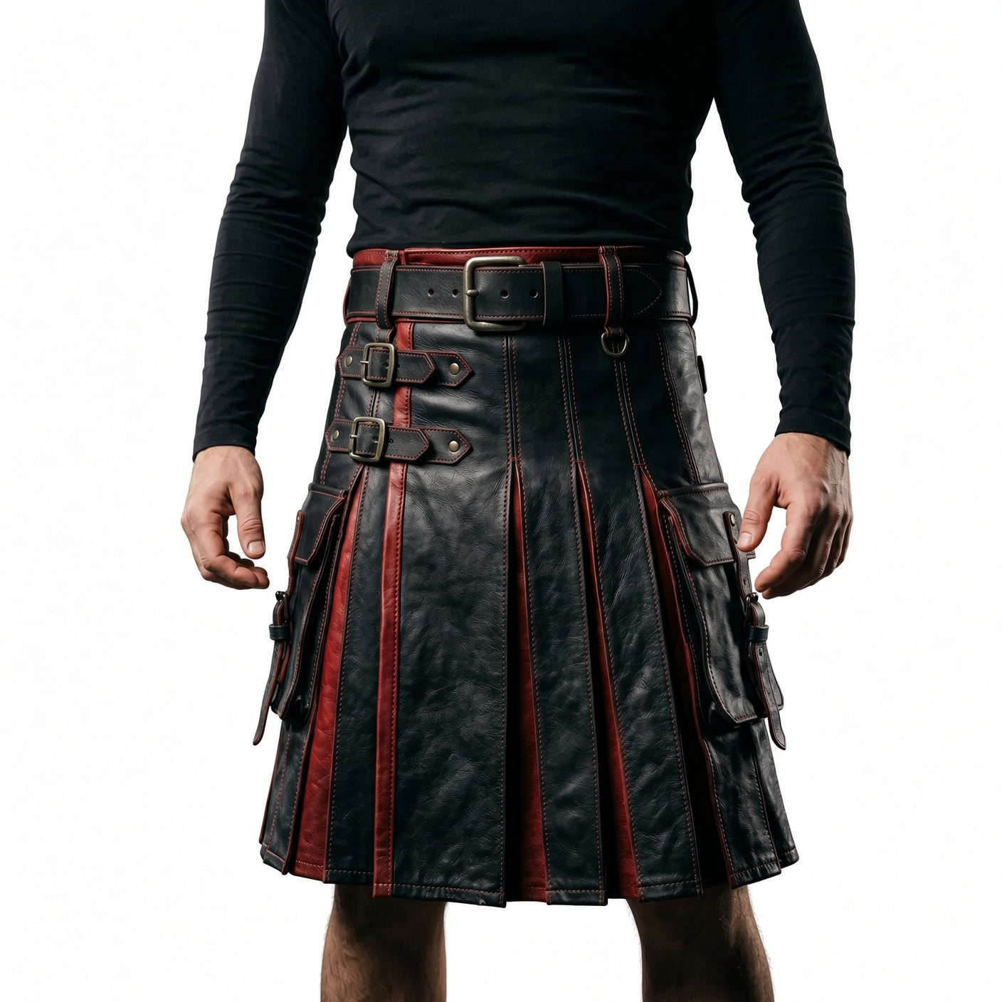 Men’s Black & Red Leather Kilt | Gothic Warrior Utility Kilt | Alternative Fashion Costume