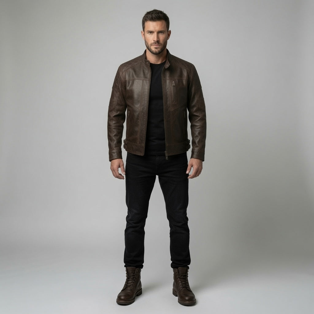 Herren Vintage Braune Echtleder Cafe Racer Jacke | Handgefertigte Motorrad Lederjacke