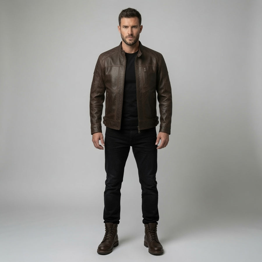 Herren Vintage Braune Echtleder Cafe Racer Jacke | Handgefertigte Motorrad Lederjacke