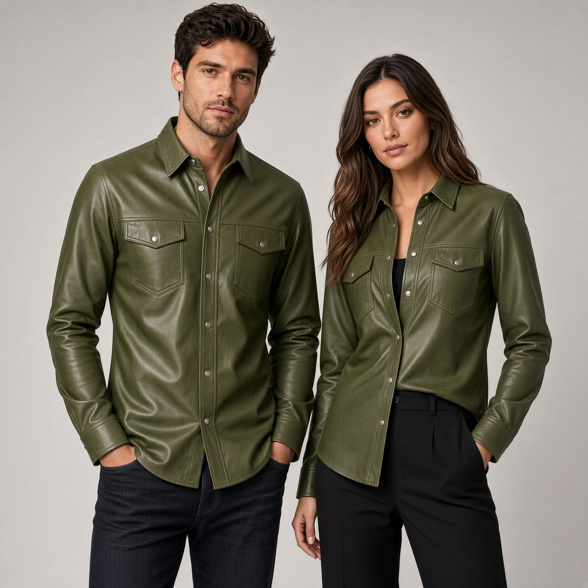 Olive Green Genuine Leather Shirt for Men & Women – Premium Button-Up Leather Shirt