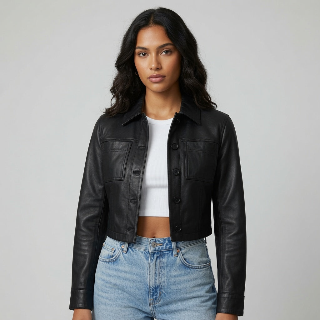 Damen-Truckerjacke aus echtem Leder in Schwarz, verkürzt | Moderne Lederjacke mit Knopfleiste