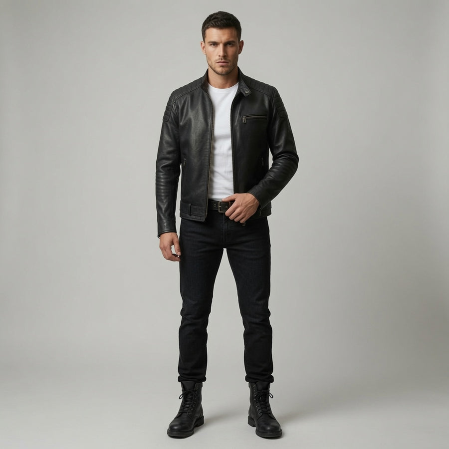 Herren Schwarze Cafe Racer Jacke aus echtem Leder | Klassische Motorrad Lederjacke
