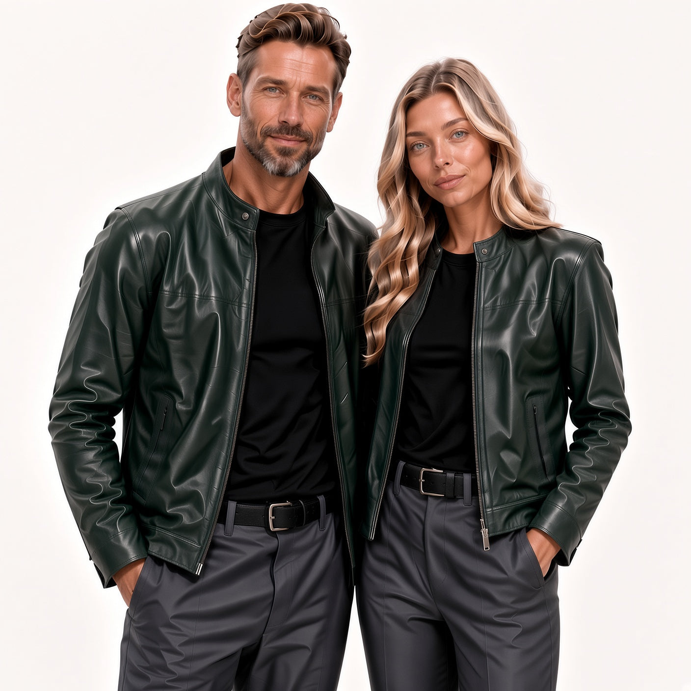 Matching Dark Green Leather Jackets for Men & Women – Classic Couple Jacket
