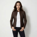 Women's Dark Brown Genuine Leather Moto Jacket | Slim Fit Café Racer Leather Jacket
