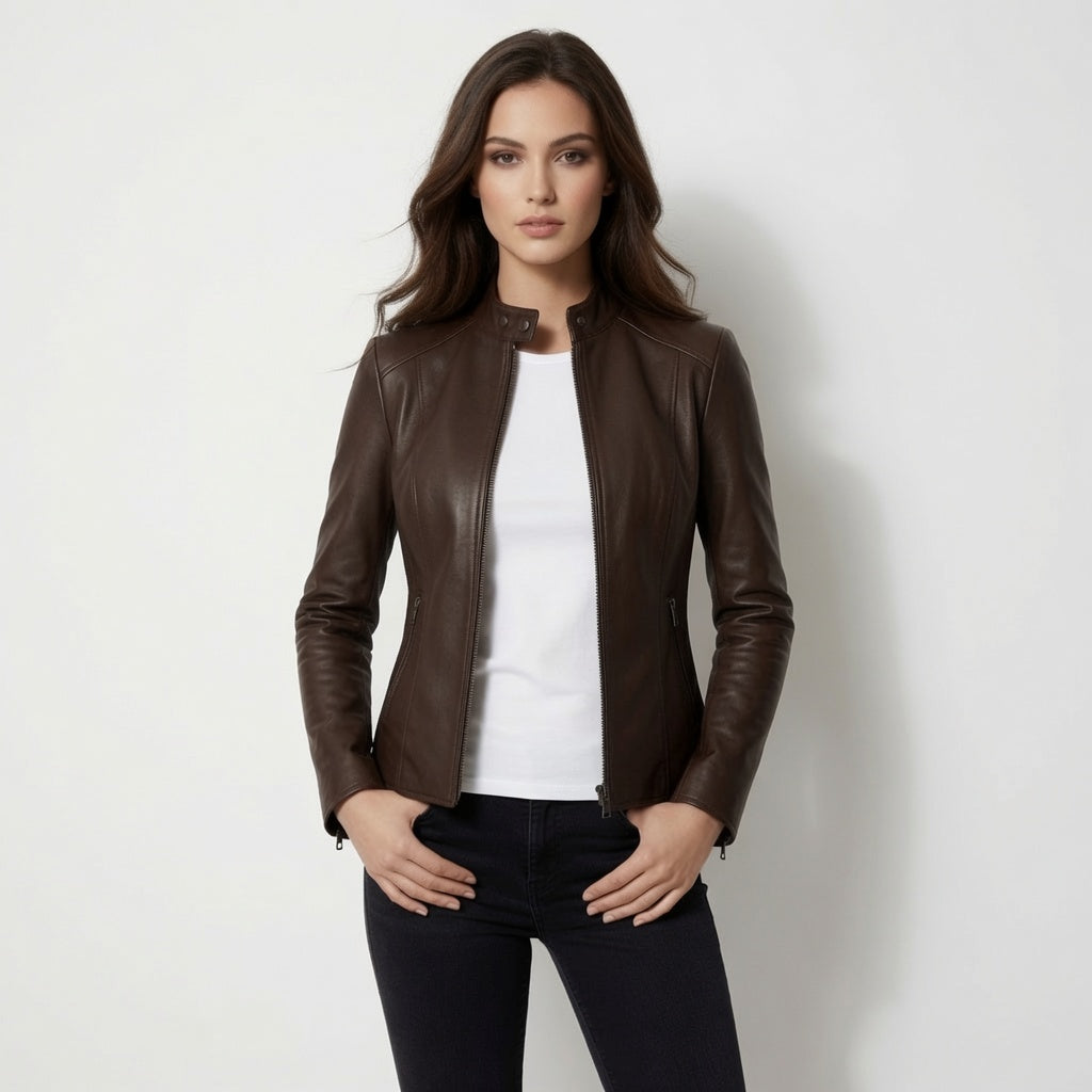 Damen Dunkelbraune Motorradjacke aus echtem Leder | Schmale Café Racer Lederjacke