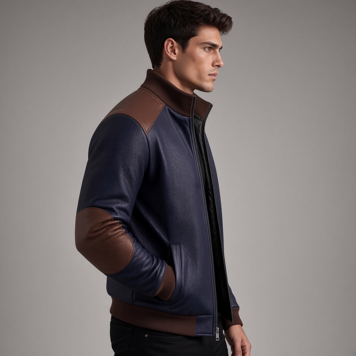 Men's Navy Blue Leather Bomber Jacket | Brown Accent Jacket