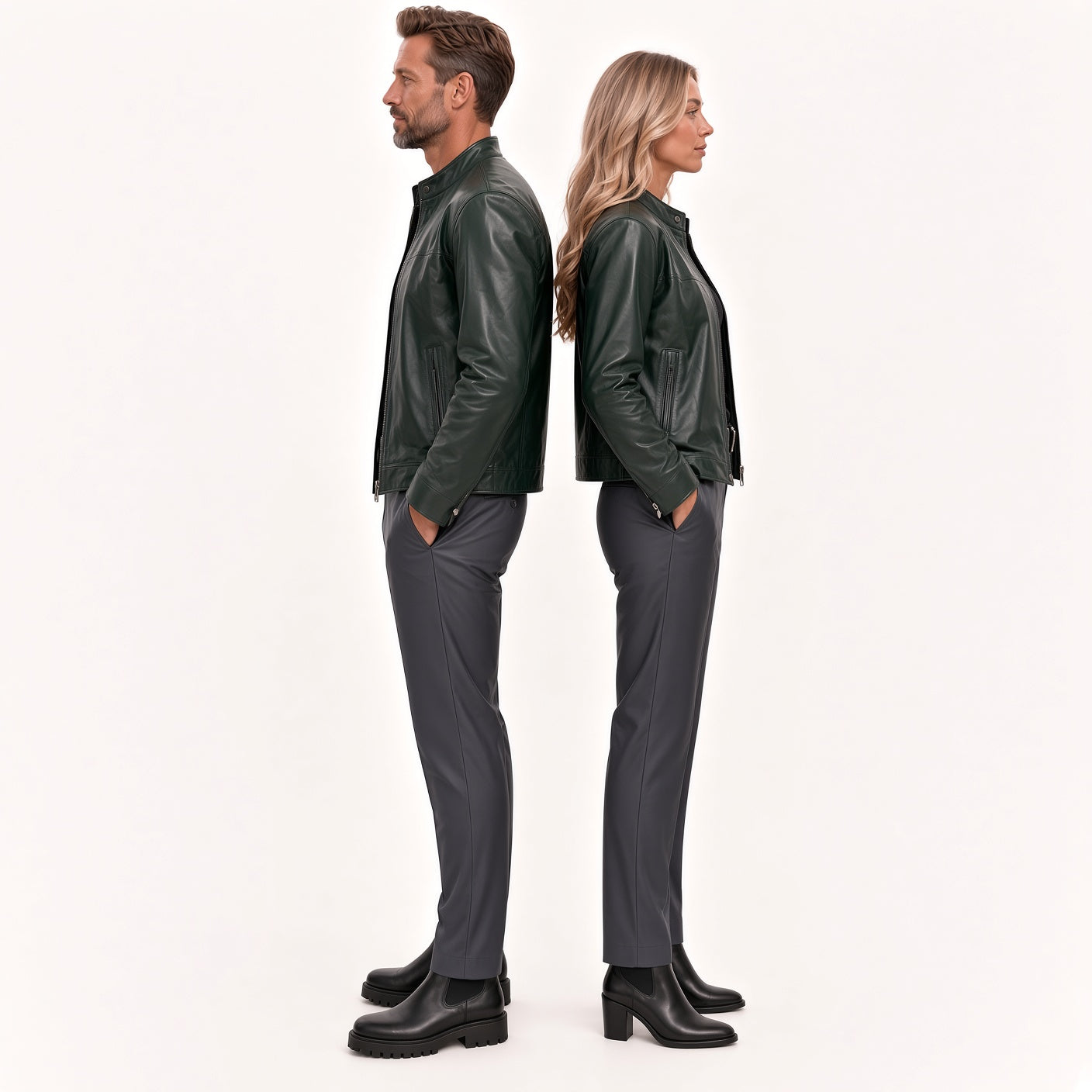 Matching Dark Green Leather Jackets for Men & Women – Classic Couple Jacket
