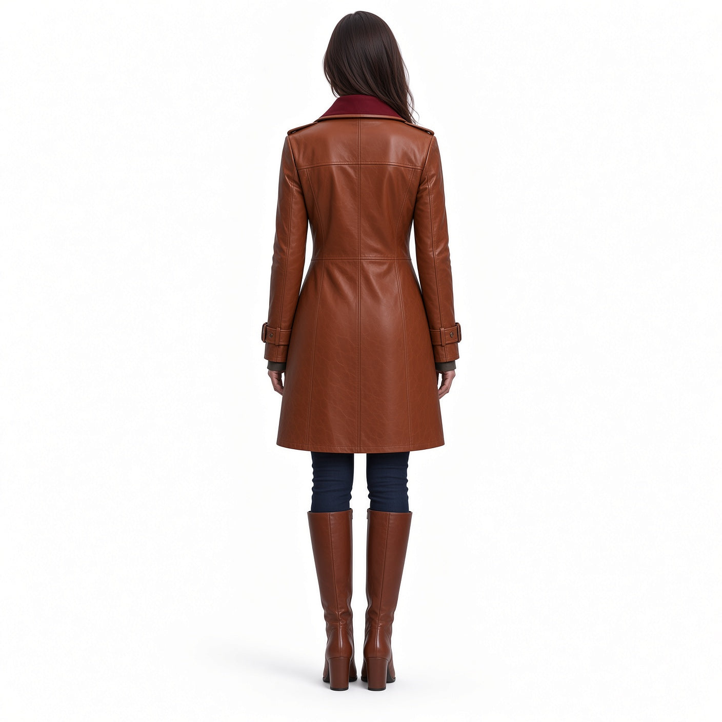 Women’s Brown Long Leather Coat with Burgundy Collar & Knee High Leather Boots