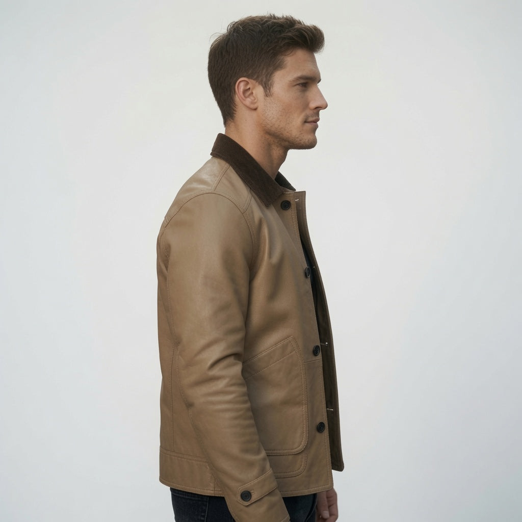 Herren Lederjacke aus echtem Leder in Hellbraun | Klassische Freizeit-Lederjacke mit Knopfleiste
